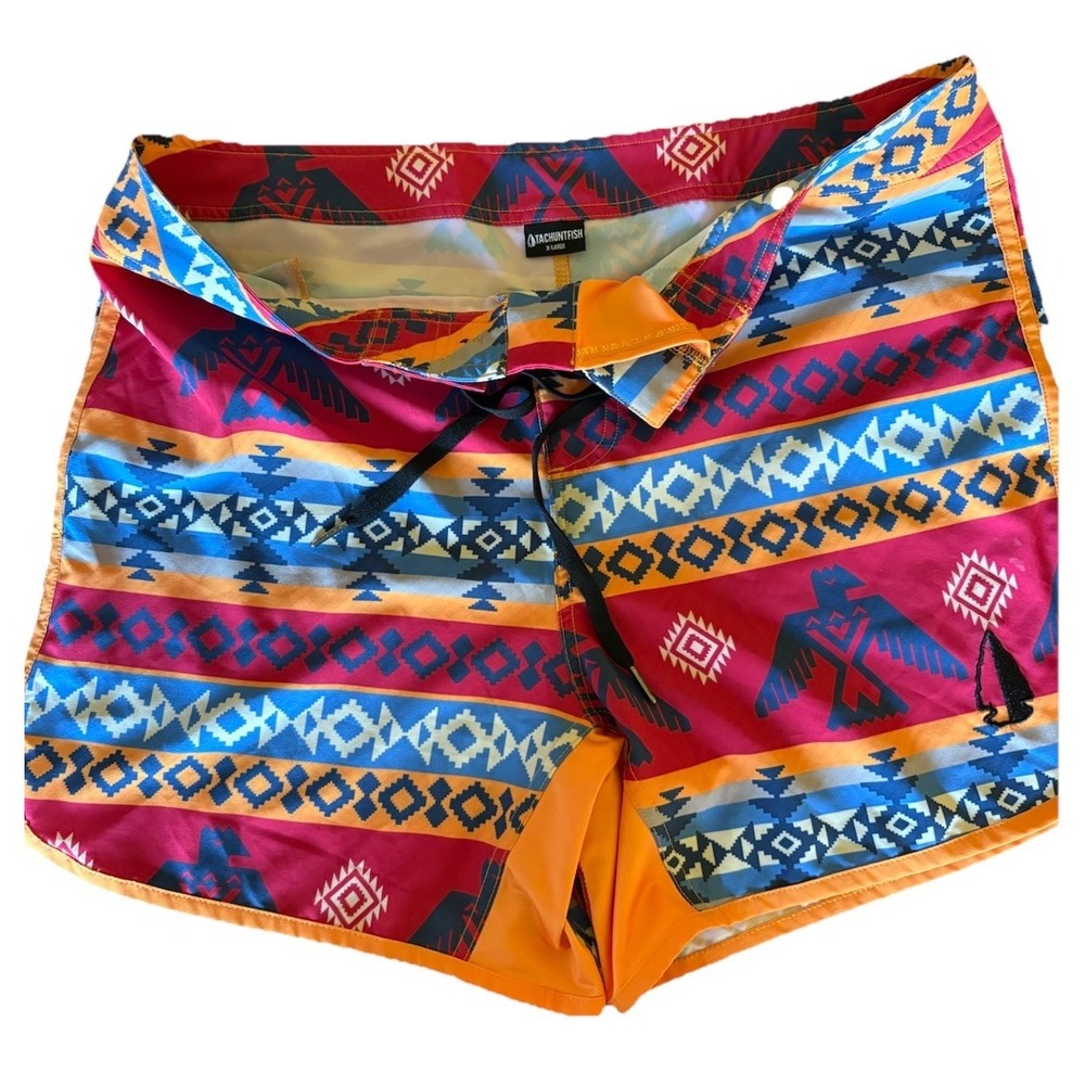 Tachuntfish Men's Swim Shorts Aztec Geometric Multicolor Drawstring XL Regular